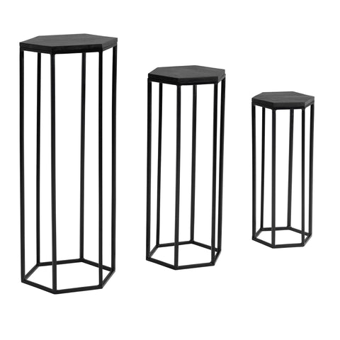 Rootz side table set of 3 mango solid wood - metal nesting table hexagonal - Living room table Add-on table Industrial Black - 3-part coffee table living room - Wooden table flower stool