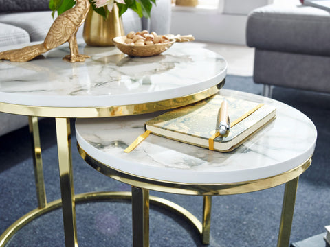 Rootz Round Side Tables -  Set of 2 White Marble Look - Gold Metal Frame Coffee Table - Modern Nesting Tables for Small Living Room