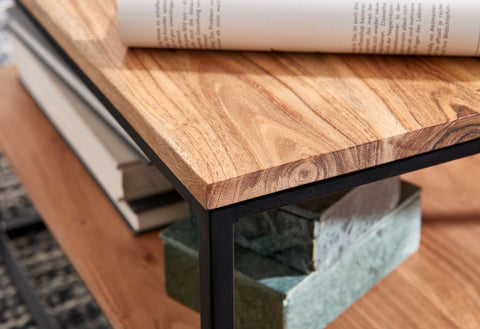 Rootz Coffee Table - Acacia Wood with Metal Frame - Industrial Style Living Room Table - Square Design with Storage Space - 60x60x41cm