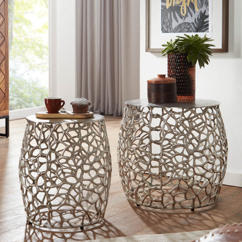 Rootz Side Table Set - 2 Piece Nesting Tables - Modern Design with Branch Structure - Living Room Coffee Table - Aluminum Silver