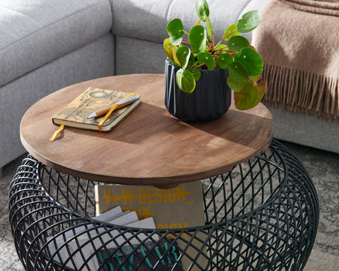 Rootz Round Coffee Table - Black with Storage - Modern Design - Wire Basket - Mango Wood & Metal - 60x60x45 cm