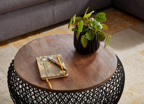 Rootz Round Coffee Table - Black with Storage - Modern Design - Wire Basket - Mango Wood & Metal - 60x60x45 cm