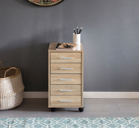 Rootz Roll Container - Sonoma - Wooden Drawer Cabinet for Desk - Office Cabinet with 5 Drawers - Small Stand Container with Rollers - 33 x 63 x 38 cm
