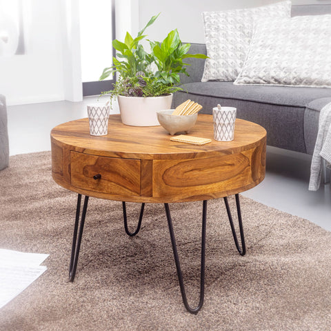 Rootz Round Coffee Table - Sheesham Solid Wood - Metal Legs - Side Table with Drawers - Small Brown Table - (60x44.5x60 cm)