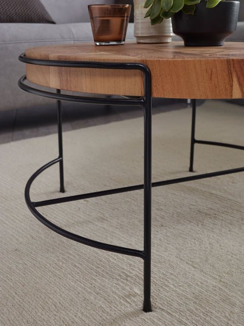 Rootz Coffee Table - Round Living Room Table with Metal Legs - Small Designer Industrial Table - Acacia Solid Wood - Metal - 62x40x62 cm