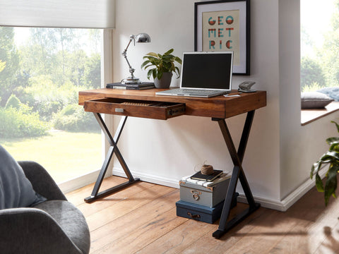 Rootz Desk - Design Office Table with Drawer - Home Office Laptop Table with Storage - Solid Sheesham Wood - Black Metal - 120x55x78 cm