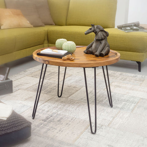 Rootz Round Coffee Table - Sheesham Solid Wood - Hairpin Legs - Wood and Metal Living Room Table - (60x45x60 cm)