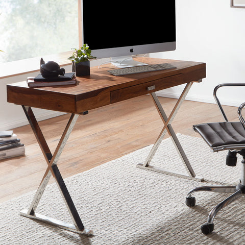Rootz Desk - Chrome Metal - Design Office Table with Drawer - Home Office Laptop Table with Storage - Solid Sheesham Wood - 120x55x78 cm