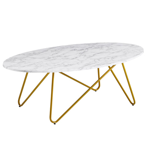 Rootz White Marble Look Coffee Table - Metal Frame Living Room Table - Oval Lounge Table - 120x40x60 cm