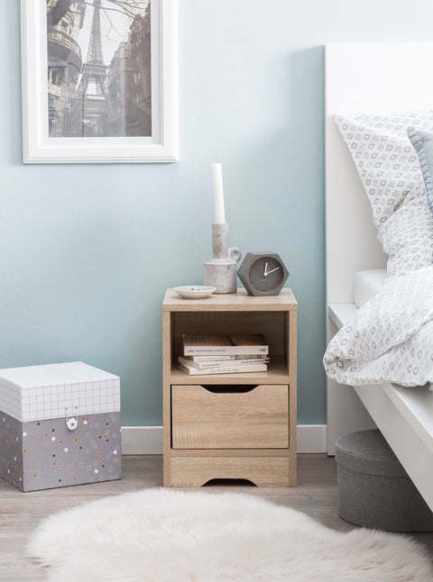 Rootz Night Console - Sonoma - 1 Drawer and Storage Compartment - Bedside Table with Storage Space - 31x43x31cm