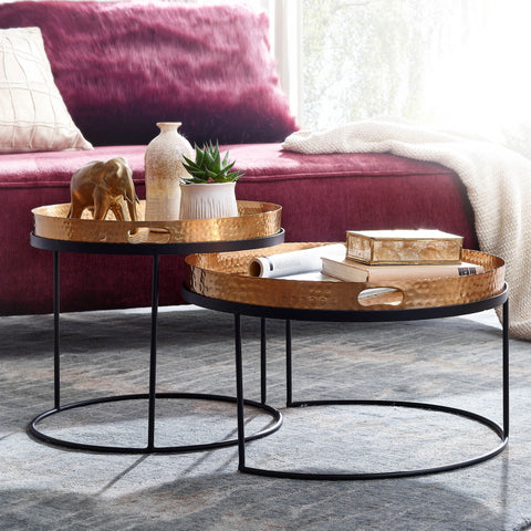 Rootz Round Side Table - Set of 2 Gold-Black Metal Hammer Finish Nesting Tables - Round Coffee Table with Removable Tray - Modern 2-Piece Tray Sofa Table