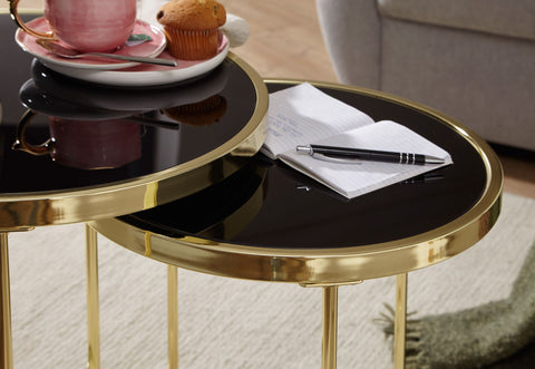 Rootz Black-Gold Nesting Table Set - Modern Metal and Glass Side Tables - 2-Piece Coffee Table - Small Living Room Storage
