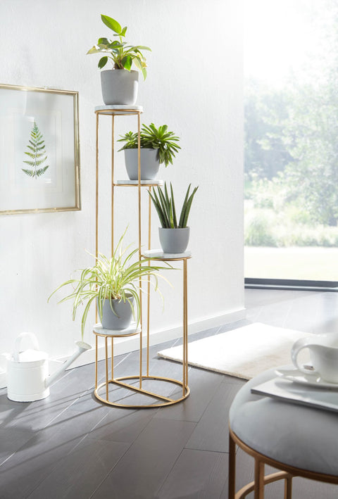 Rootz Plant Stand - Real Marble White -  Gold Standing - Modern Free-Standing Flower Stool with 4 Shelves - 36.5x107.5x36.5 cm