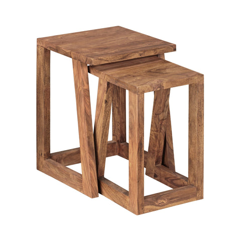 Rootz Side Tables - Set of 2 Sheesham Solid Wood - Design Lounge Tables - Square Bedside Table Set in Country Style