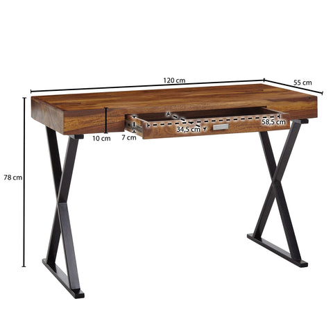 Rootz Desk - Design Office Table with Drawer - Home Office Laptop Table with Storage - Solid Sheesham Wood - Black Metal - 120x55x78 cm