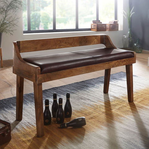 Rootz Bench - Genuine Leather - Upholstered Bench with Backrest - Brown for Hallway or Bedroom - Small Leather Bed Bench - Solid Wood - 108x63x43cm