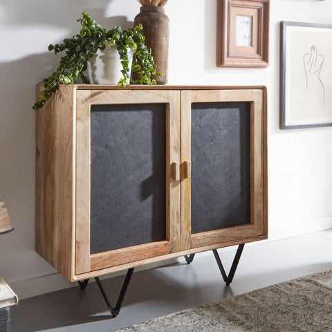Rootz Sideboard Cabinet - 2 Door Chest of Drawers - Small Solid Wood Chest - Multi-Purpose Standing Cupboard with Metal Frame - Brown Stone - Solid Mango Wood - 80x75x35 cm