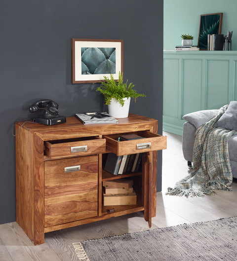 Rootz Sideboard - Sheesham Wood - 2 Drawers, 2 Doors - Design Highboard - Country Style - Brown Natural - 90cm Chest