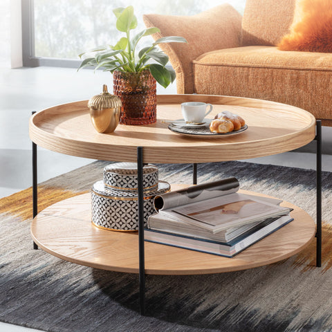 Rootz Coffee Table - Wood and Metal Living Room Table - Modern Round Design with Shelf - Wooden Table for Living Room - 78x78x40 cm