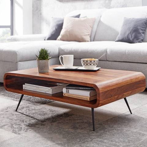 Rootz Coffee Table - Metal Corner Coffee Table - Living Room Table with Storage - Solid Rectangular Coffee Table - Small Modern Side Table - Sheesham Solid Wood - 90x55x30 cm