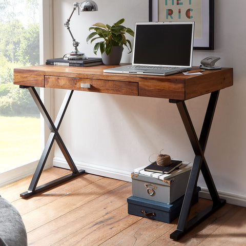 Rootz Desk - Design Office Table with Drawer - Home Office Laptop Table with Storage - Solid Sheesham Wood - Black Metal - 120x55x78 cm