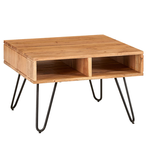 Rootz Angular Coffee Table - Acacia Solid Wood and Metal Design - Square Brown Wooden Table with Storage - 60x40x60 cm