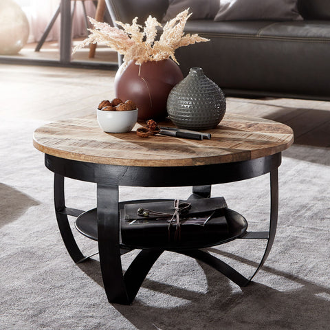 Rootz Industrial Round Coffee Table - Mango Solid Wood and Metal - Black - Solid Living Room Table - Small Coffee Table - 60x34x60 cm