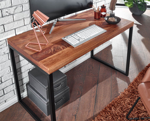 Rootz Sheesham Solid Wood Desk - Metal Frame Computer Table - Small Dark Design Office Desk - 117x59x76.5 cm
