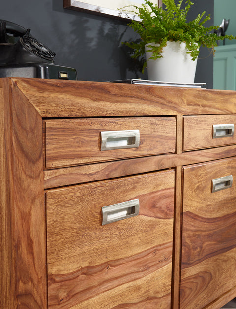 Rootz Sideboard - Sheesham Wood - 2 Drawers, 2 Doors - Design Highboard - Country Style - Brown Natural - 90cm Chest