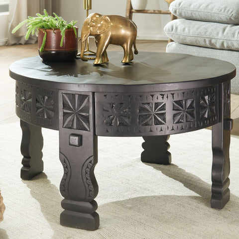 Rootz Coffee Table - Mango Solid Wood Round Table in Black - Oriental Living Room Table - Lounge Table with Solid Wood Design - 60x36x60cm