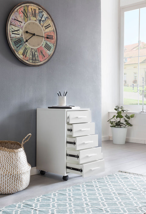 Rootz Roll Container - Wooden Drawer Cabinet for Desk - Office Cabinet with 5 Drawers - Small Stand Container with Rollers - White - 33 x 63 x 38 cm