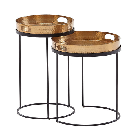 Rootz Round Coffee Table - Set of 2 Gold-Black Metal Hammer Finish Nesting Tables - Round Coffee Table with Removable Tray - Modern 2-Piece Tray Sofa Table