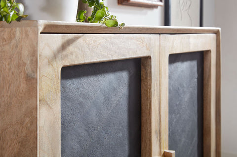 Rootz Sideboard Cabinet - 2 Door Chest of Drawers - Small Solid Wood Chest - Multi-Purpose Standing Cupboard with Metal Frame - Brown Stone - Solid Mango Wood - 80x75x35 cm