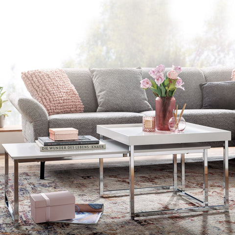 Rootz Coffee Tables - Square White Modern Coffee Table - 2-Part Side Table - Wood-Metal - Set of 2 Living Room Nesting Tables
