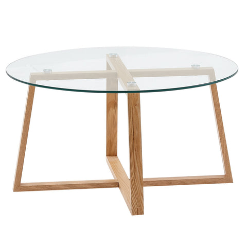 Rootz Coffee Table - Solid Oak with Round Glass - Modern Design for Living Room - Large Wooden Table - 78x78x41 cm
