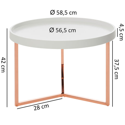 Rootz Coffee Table - White-Copper - Modern Retro Design - Metal Round Table with Wood Plate - 58.5x42x58.5cm
