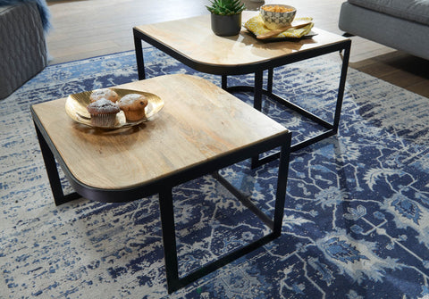 Rootz Coffee Tables - Light Living Room Table - Industrial Nesting Side Table with Black Metal Legs - 2-Piece Wooden Placemat Nesting Tables - Set of 2 Mango Wood and Metal
