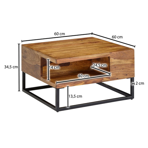 Rootz Coffee Table - Metal Corner Coffee Table - Living Room Table with Storage - Solid Square Coffee Table - Small Modern Side Table - Sheesham Solid Wood - 60x60x34.5 cm