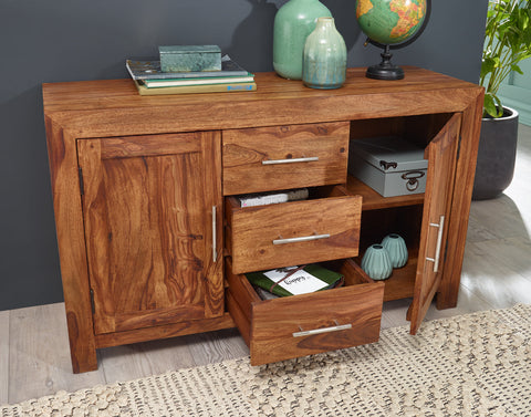 Rootz Sideboard - Solid Wood Sheesham - 3 Drawers - 2 Doors - Country House Style - Brown - 118 cm