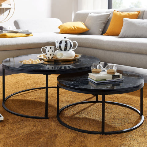 Rootz Coffee Tables - Black Marble Look Round Coffee Tables - Modern Design - 2-Part Metal Side Table - Set of 2 Living Room Nesting Tables
