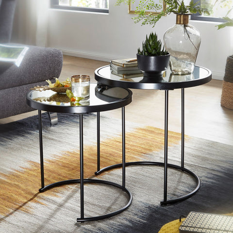 Rootz Round Side Table Set - Black Mirror Glass - Living Room Nesting Table - Mirrored Coffee Table (Set of 2) - 50-42 cm