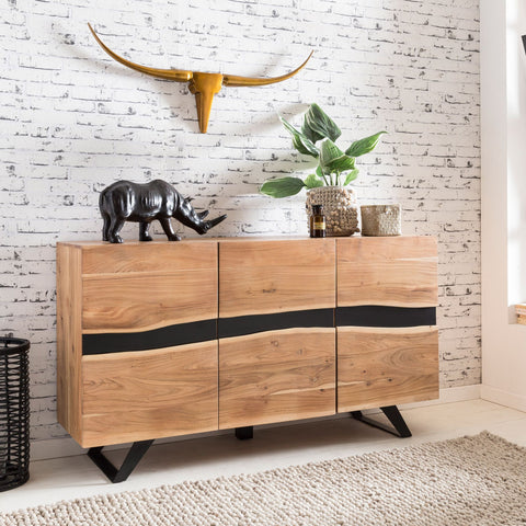 Rootz Sideboard - Natural Tree Edge - Solid Acacia Wood - Country Style Highboard with 3 Doors - Hallway Cabinet Dresser - 148x85x43cm