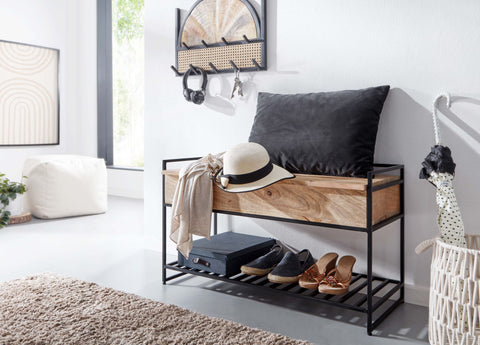 Rootz Storage Bench - Metal Hallway Bench - Small Shoe Bench with Seat - Narrow Entryway Bench with Shoe Rack - Brown - Solid Mango Wood - 90x52x38 cm