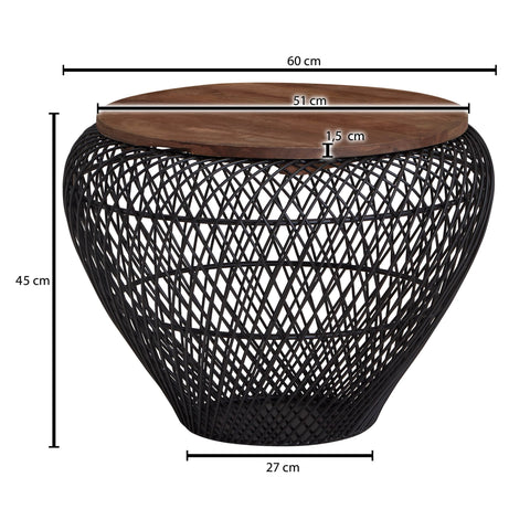 Rootz Round Coffee Table - Black with Storage - Modern Design - Wire Basket - Mango Wood & Metal - 60x60x45 cm
