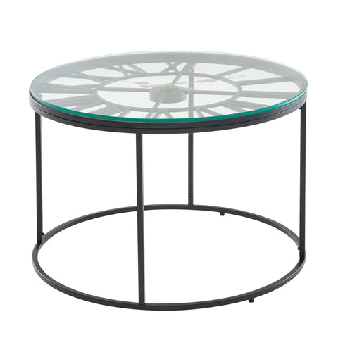Rootz Black Coffee Table with Decorative Clock - Glass & Metal - Modern Design - Small Round Table - 60x60x43 cm