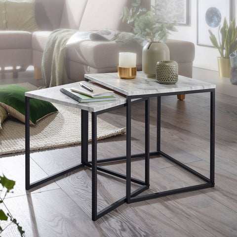 Rootz Side Table Set - Marble-Look - Black Table Frame - Modern Nesting Tables - White (Set of 2)