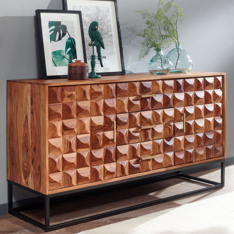 Rootz Sideboard - Metal Sideboard with Two Doors - Industrial Chest of Drawers - Living Room Standing Cabinet - Solid Sheesham Wood - 145x81x45 cm
