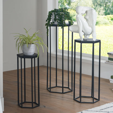 Rootz side table set of 3 mango solid wood - metal nesting table hexagonal - Living room table Add-on table Industrial Black - 3-part coffee table living room - Wooden table flower stool
