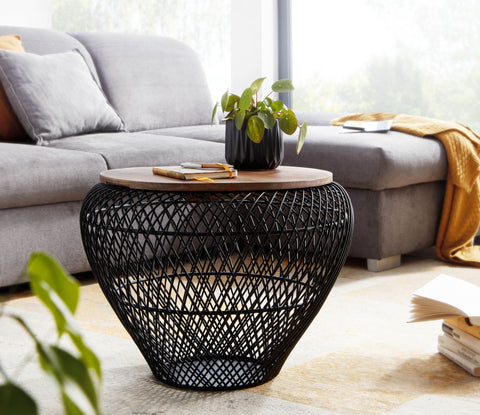Rootz Round Coffee Table - Black with Storage - Modern Design - Wire Basket - Mango Wood & Metal - 60x60x45 cm