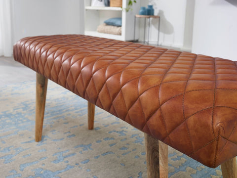 Rootz Bench - Genuine Leather - Upholstered 2-Seater Bench - Brown for Hall or Dining Room - Small Leather Bed Bench - Solid Wood - 115x53x38cm